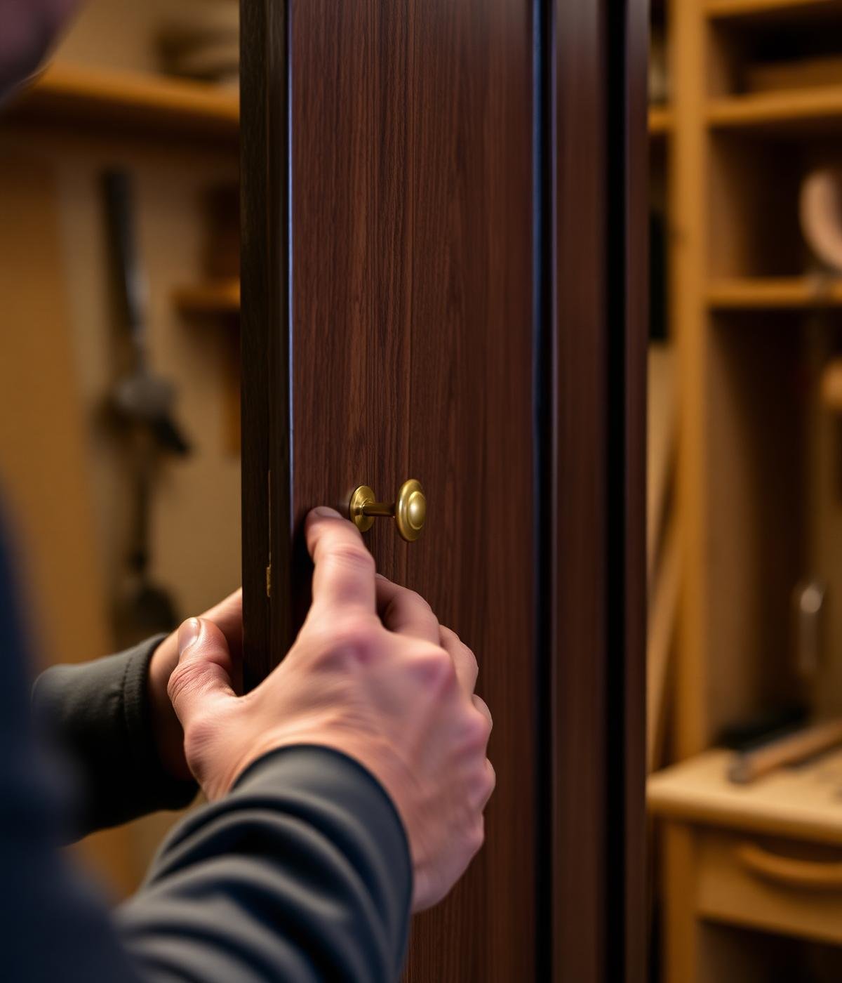 Craftsman fitting a bespoke walnut cabinet door with a gold handle